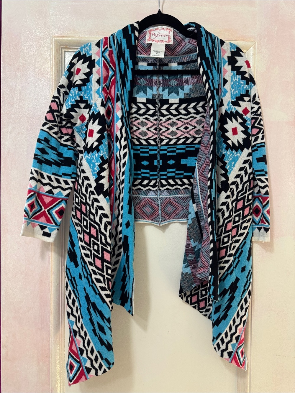American Girl Aztec Open-Front Waterfall Cardigan in Blue, Pink, Black & White